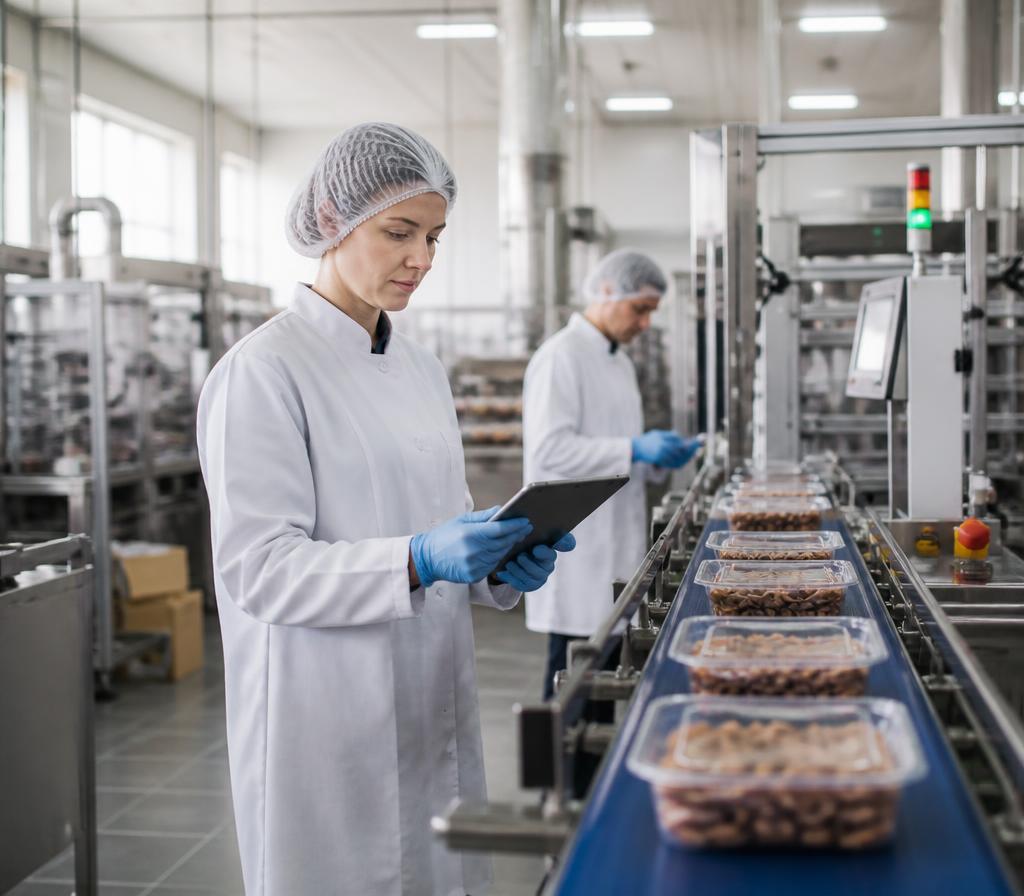 Instalación moderna de producción de alimentos con personal técnico